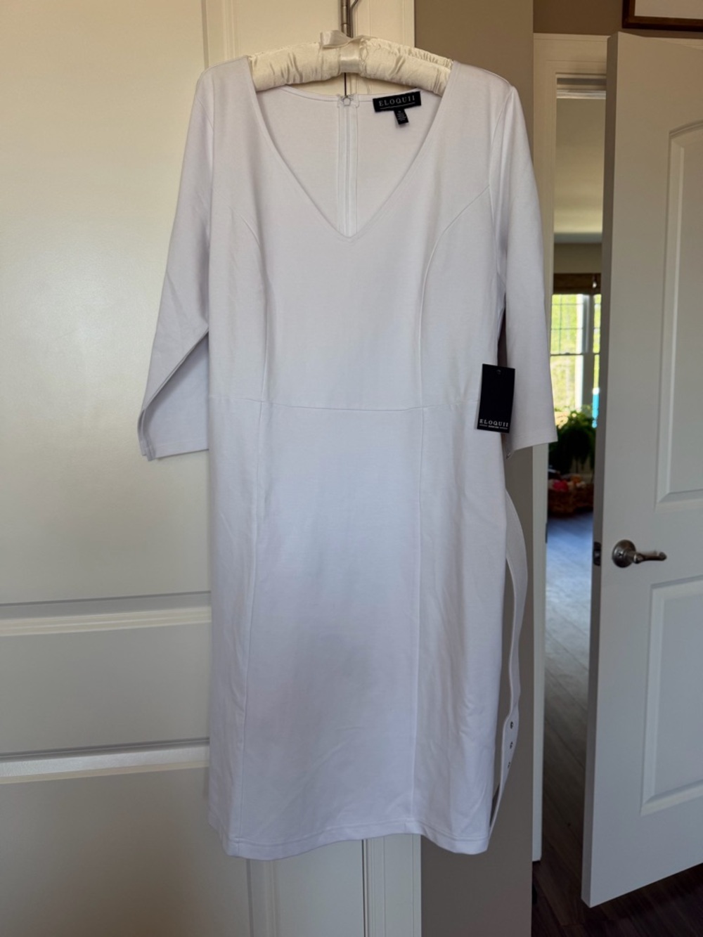 NWT Eloquii White V-Neck Sheath Dress bracelet sleeve w belt size 16